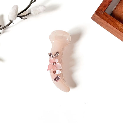 Blush pink flower banana hair clip with pink petals and pink crystals, 8cm