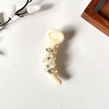 Ivory cream floral banana clip with white flowers and AB crystal stones, 8cm
