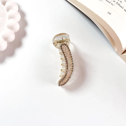 Crystal banana clip 6cm pink rhinestone border clear body