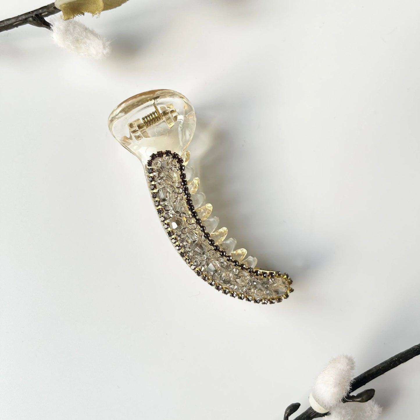 Crystal banana clip 8cm smoke rhinestone border clear body