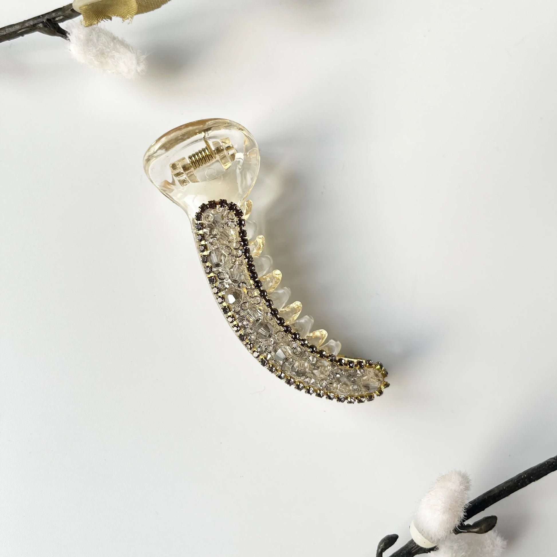 Crystal banana clip 8cm smoke rhinestone border clear body