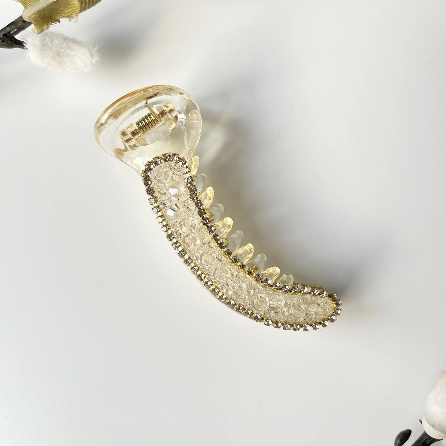 Crystal banana clip 8cm white rhinestone border clear body