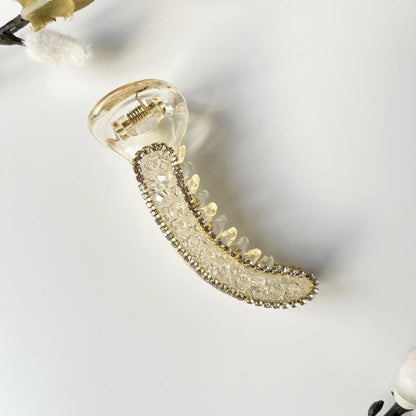 Crystal banana clip 8cm white rhinestone border clear body