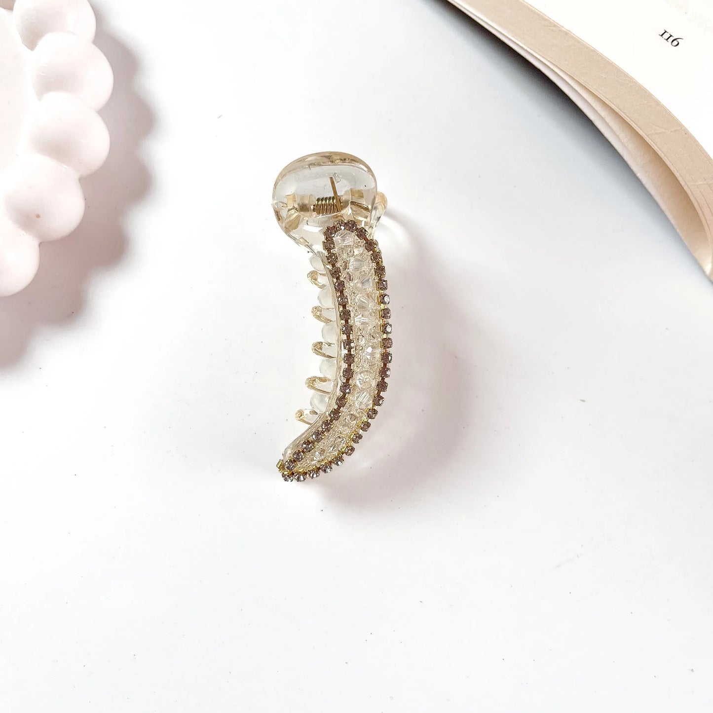 Crystal banana clip 6cm white rhinestone border clear body