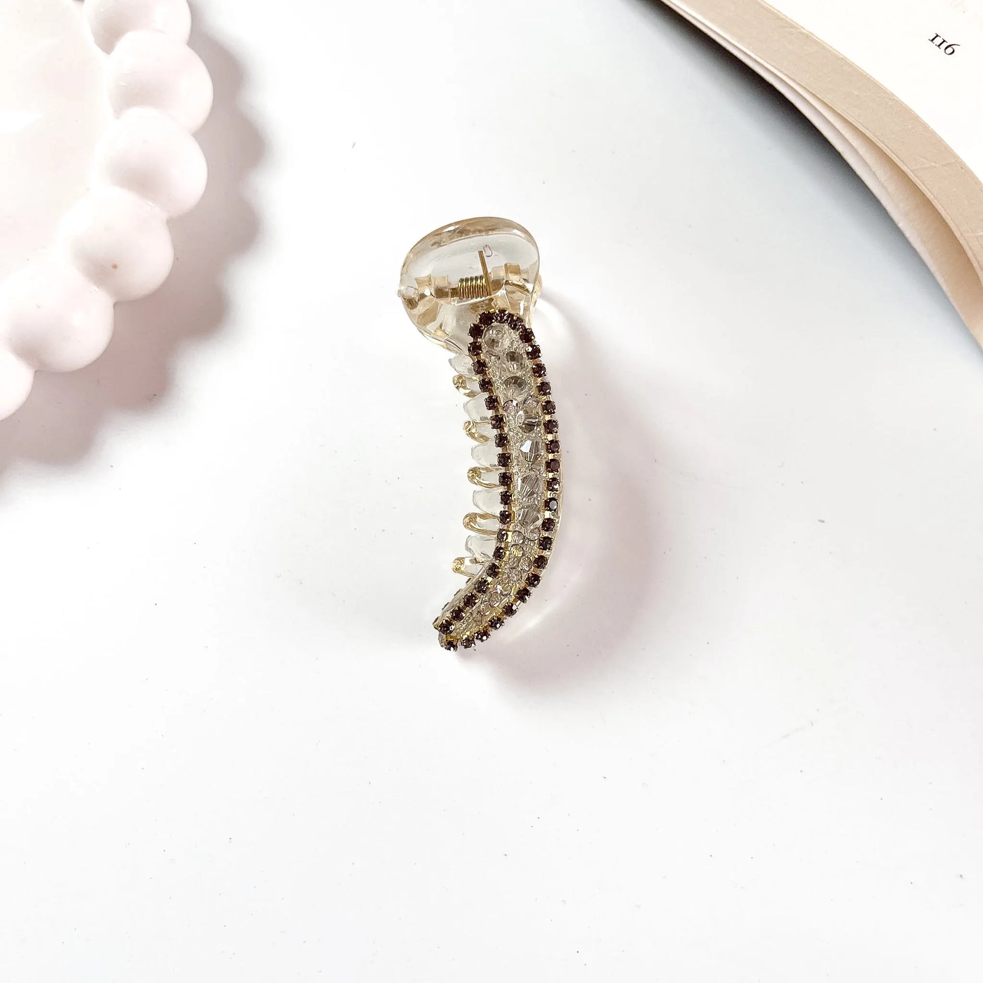 Crystal banana clip 6cm smoke grey rhinestone border clear body