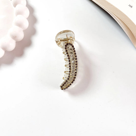 Crystal banana clip 6cm smoke grey rhinestone border clear body