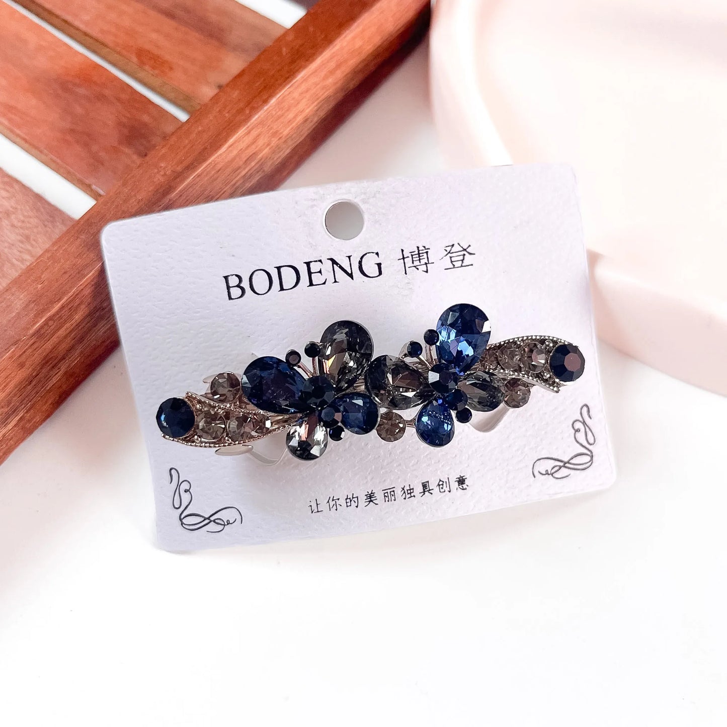 Blue crystal flower barrette hair clip for women