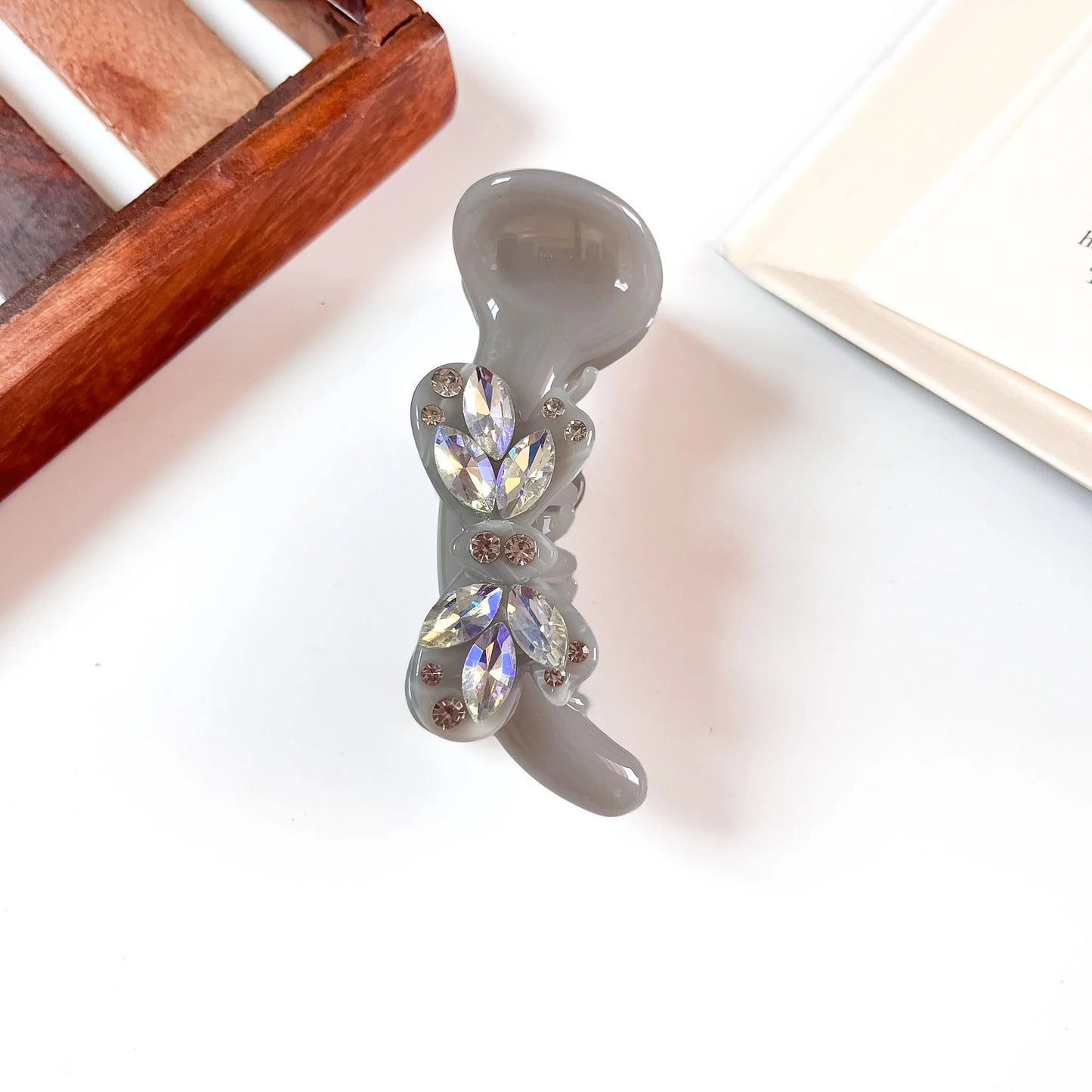 Grey Crystal Bow Banana Clip, stone banana clip