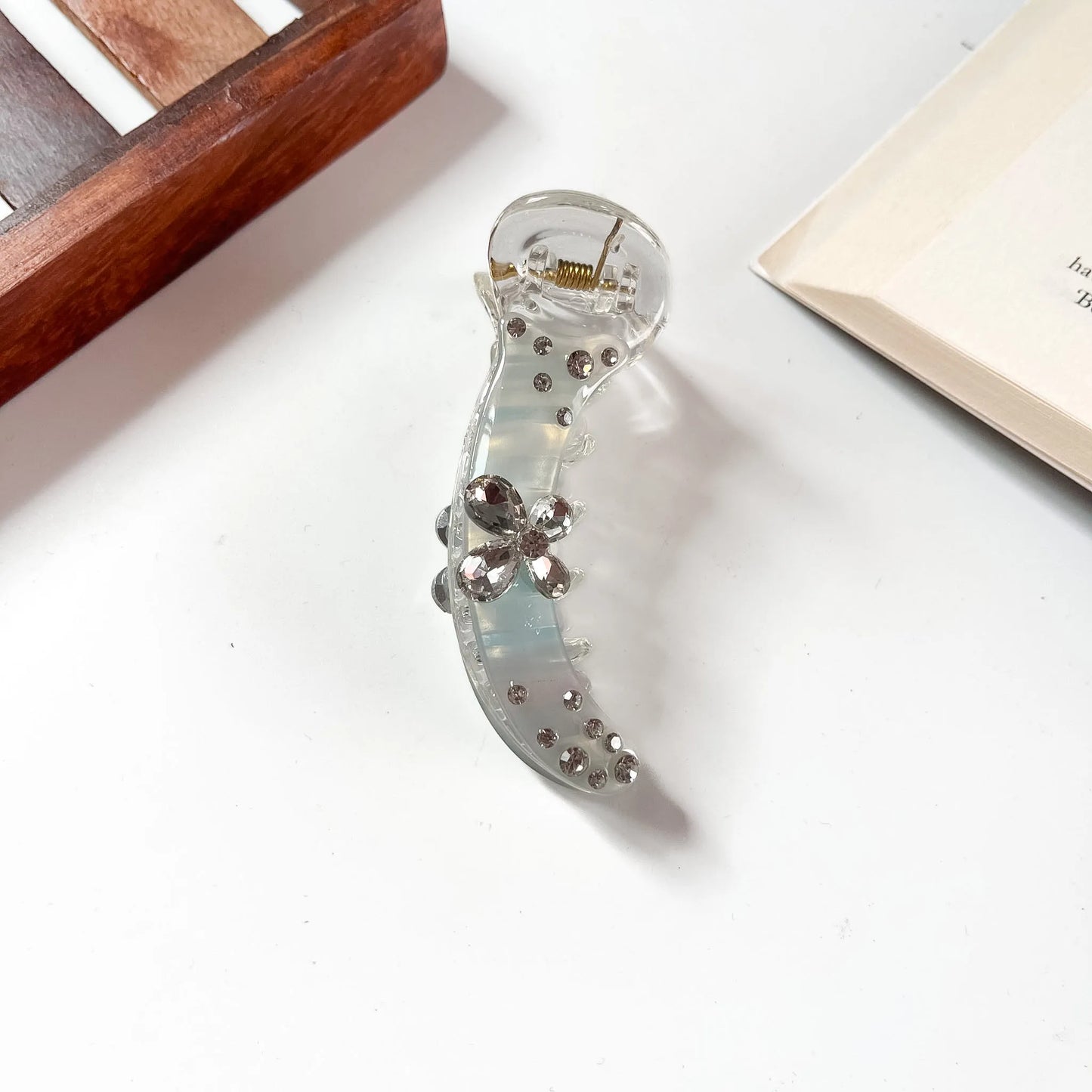 Clear silver rhinestone banana clip for thick hair