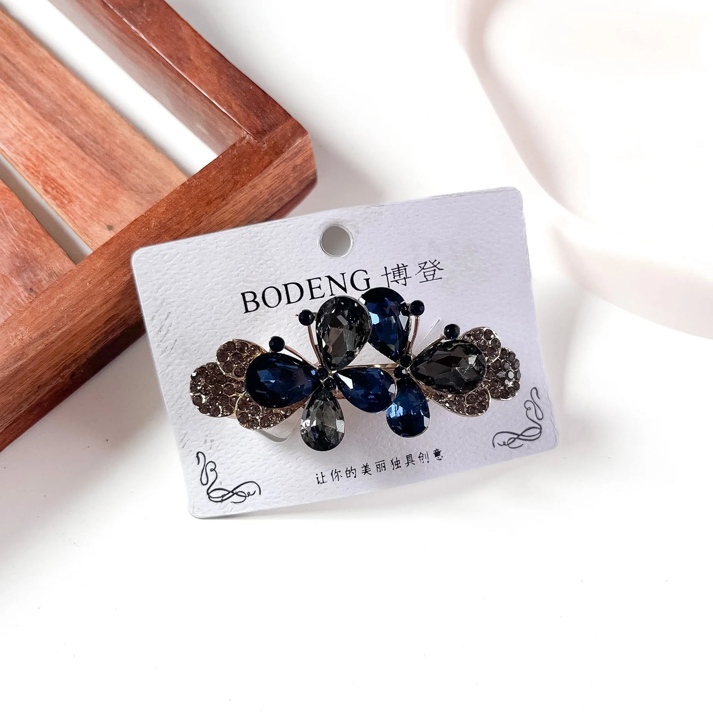 Navy blue crystal butterfly barrette bling hair barrette