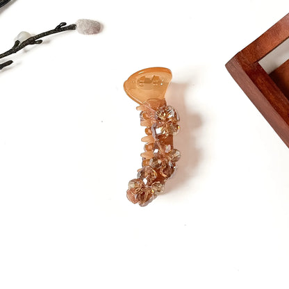 Amber champagne brown fancy banana clip with crystal stones, 8cm