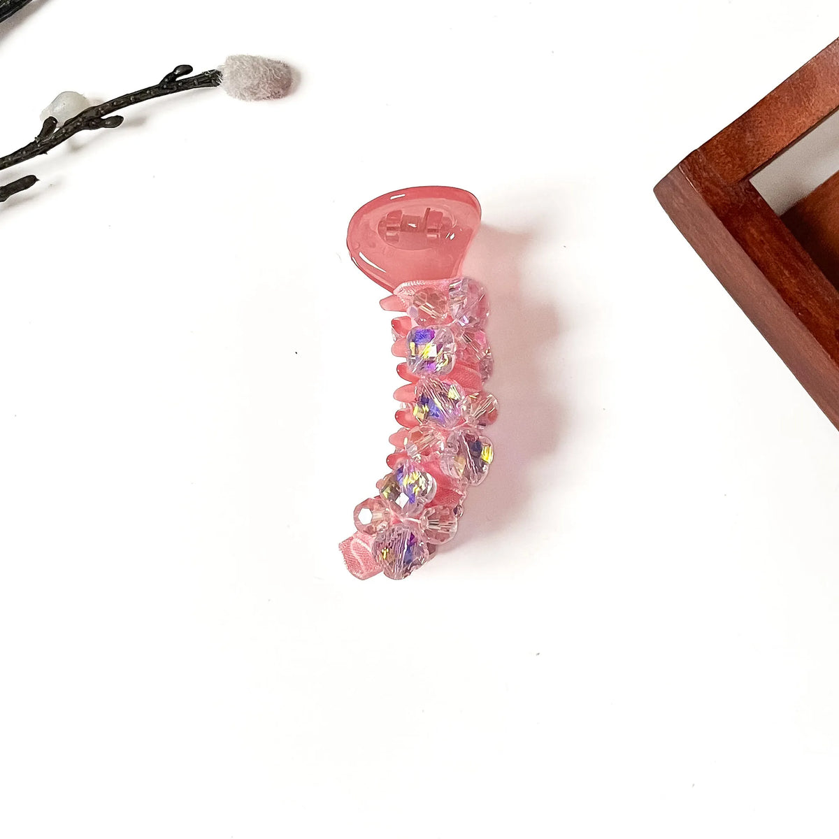 Blush pink fancy banana clip for hair with sparkling crystals, 8cm