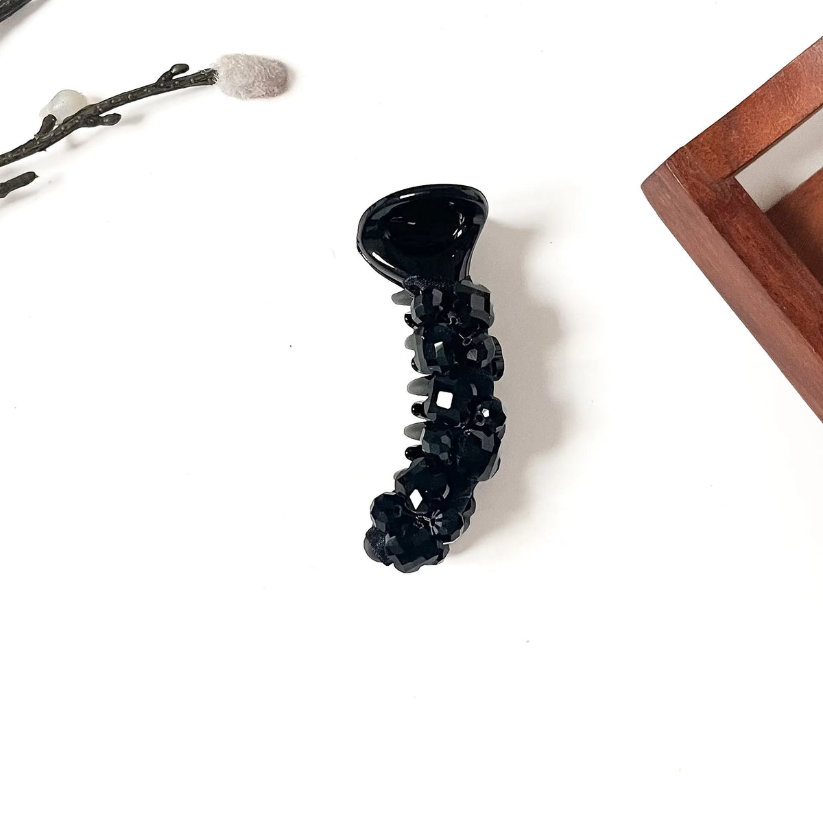 Jet black crystal banana clip with faceted black stones, medium 8cm