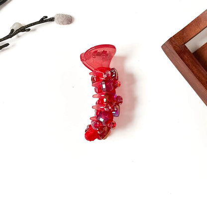 Ruby red rhinestone banana clip with satin ribbon ends, 8cm