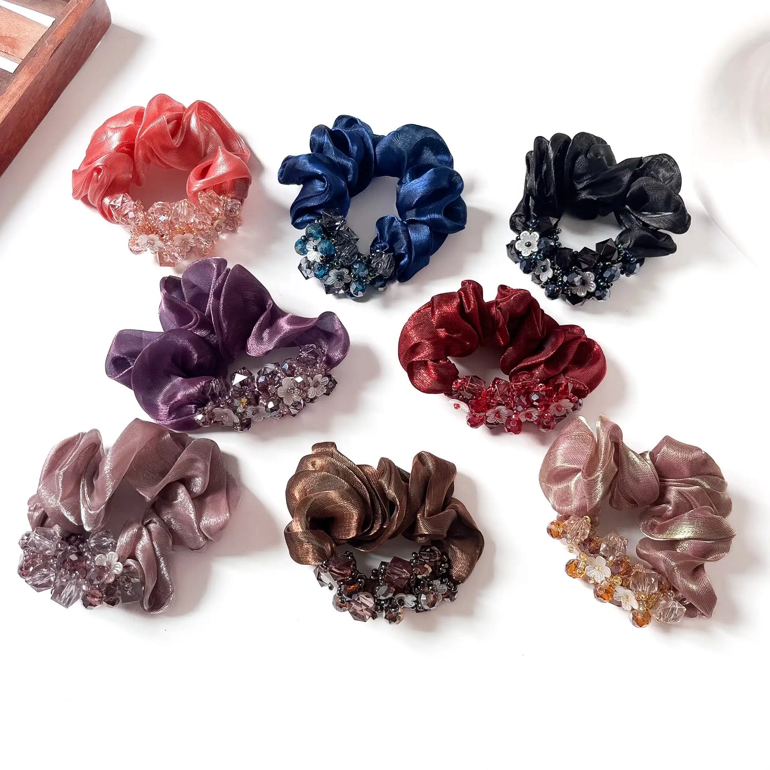 Crystal cluster organza scrunchies in all 8 colours including black, maroon, navy and purple