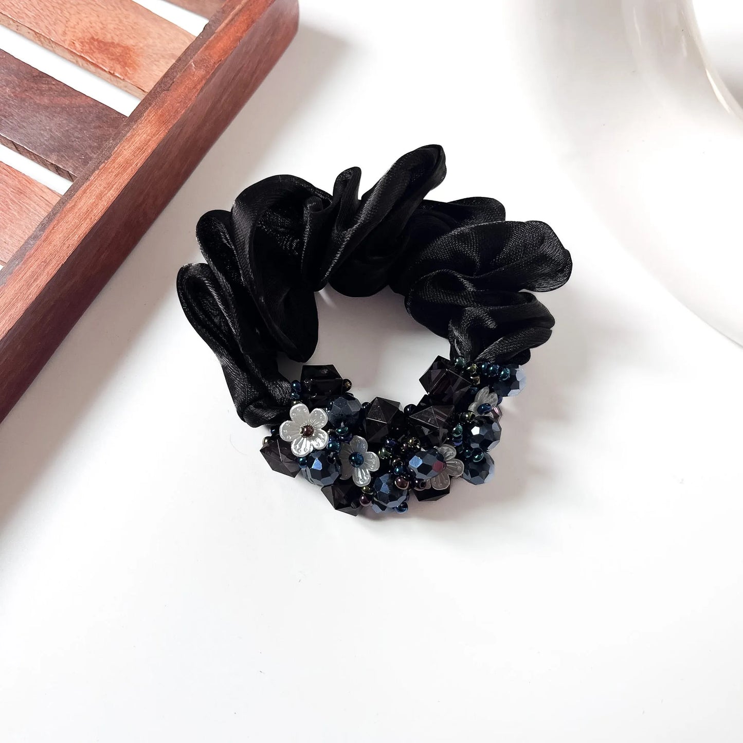 Black oversized satin organza scrunchie with crystal bead cluster and flower accents