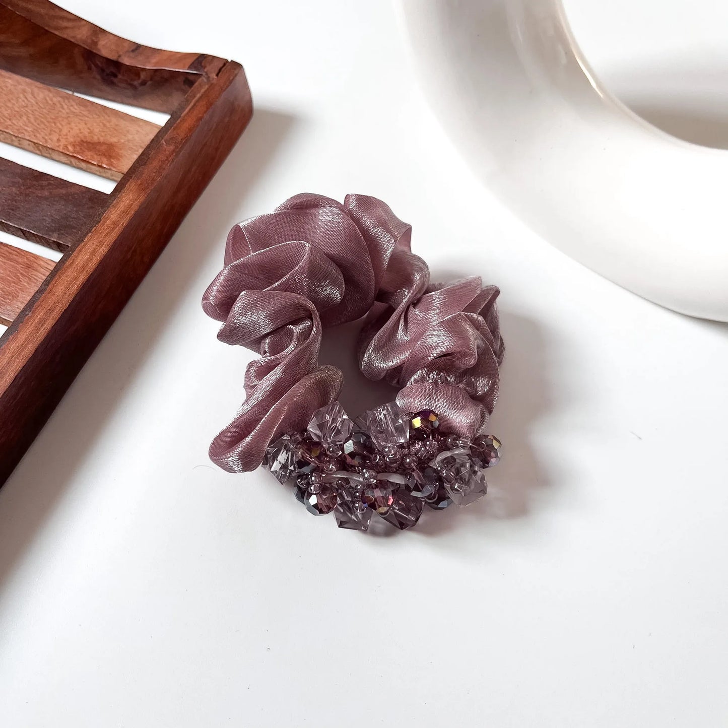 Dusty mauve satin organza scrunchie with crystal cluster and flower bead detail