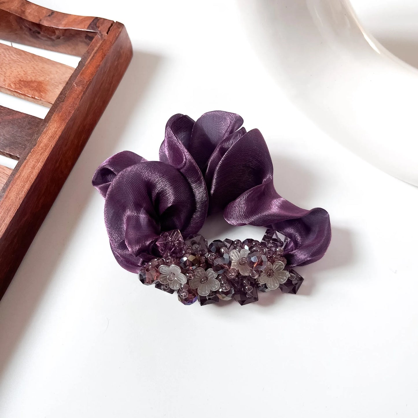 Purple large organza scrunchie with crystal bead and flower accent cluster