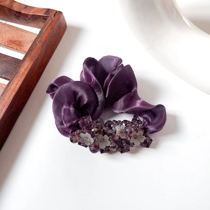 Purple large organza scrunchie with crystal bead and flower accent cluster