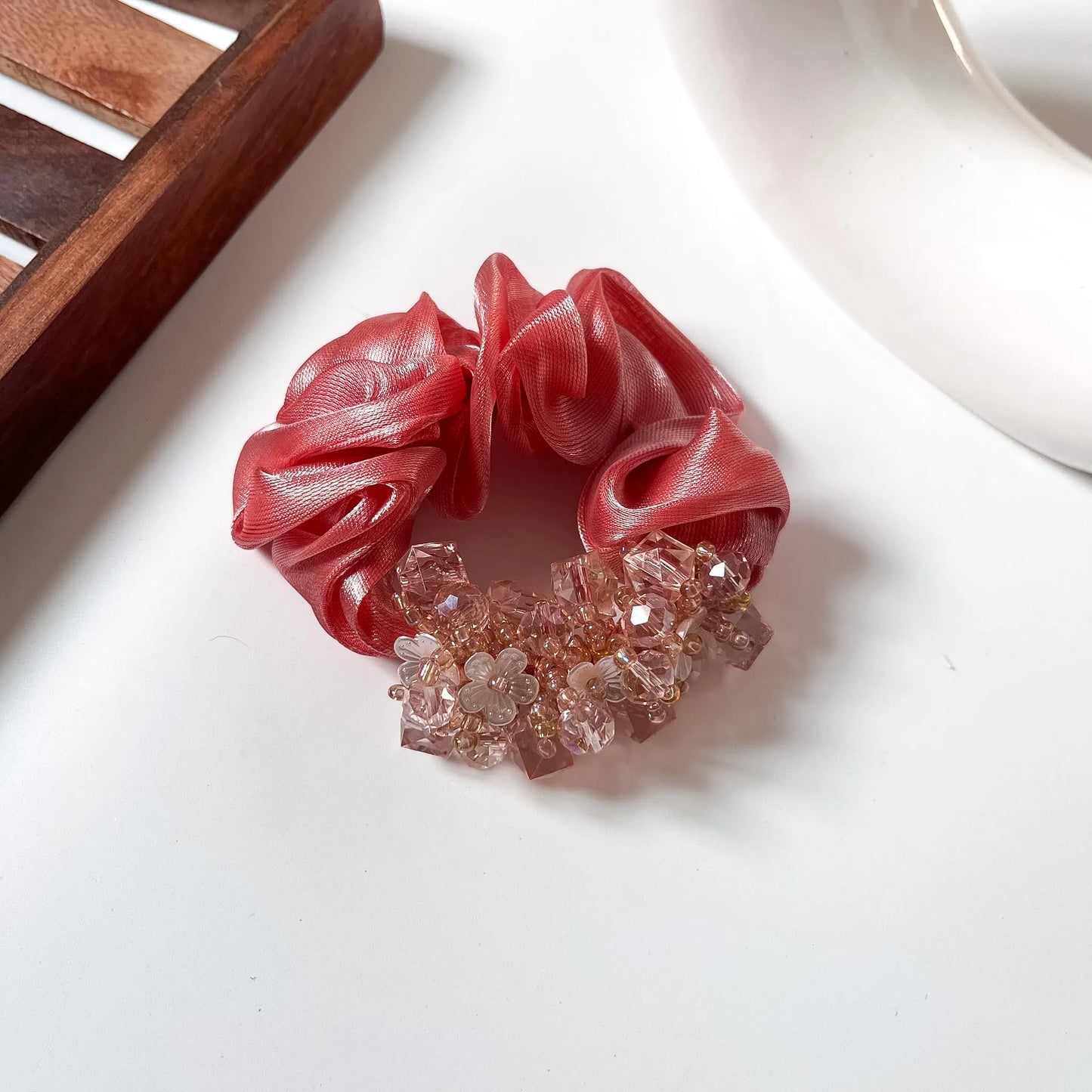 Red coral large organza scrunchie with crystal bead cluster hair scrunchie