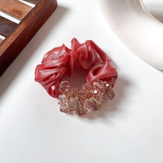 Red coral large organza scrunchie with crystal bead cluster hair scrunchie
