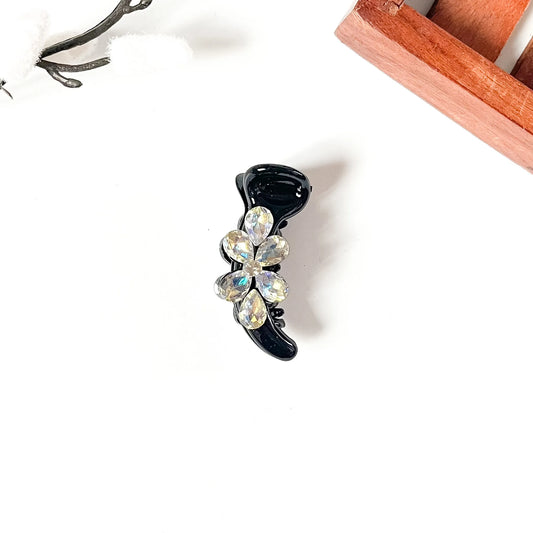 Noir black banana clip with iridescent crystal flower, 5 cm black banana clip for medium hair
