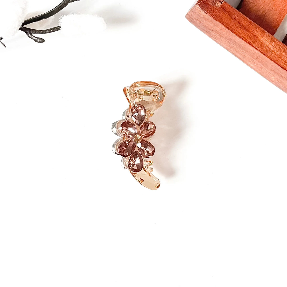 Peach orange clear banana clip with rose crystal flower, 5 cm flower banana hair clip