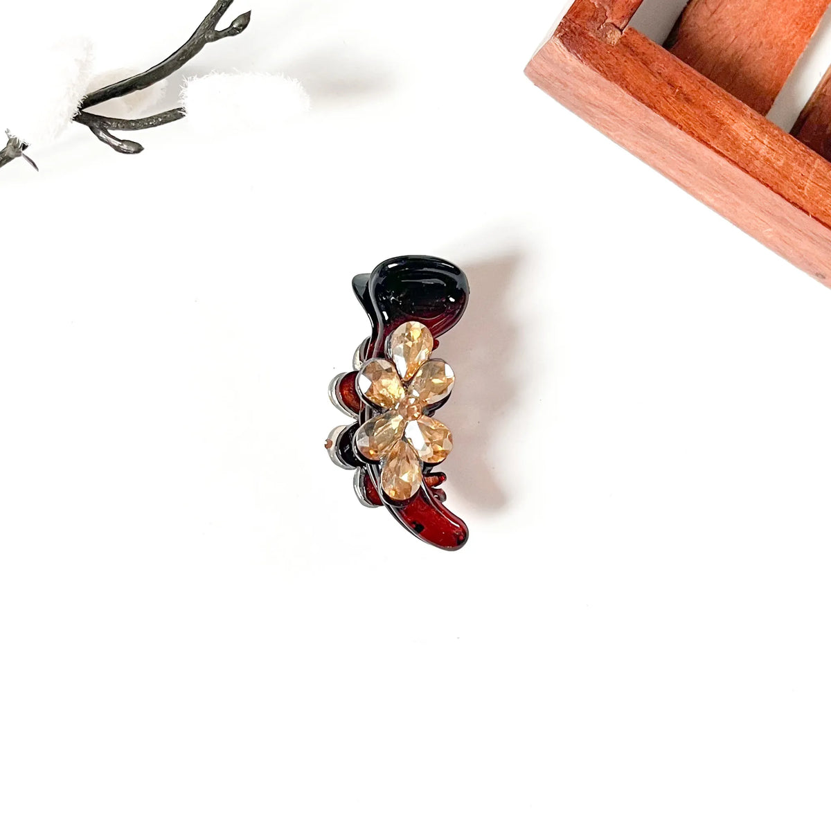 Tortoise brown banana clip with champagne rhinestone flower, 5 cm tortoise shell banana clip