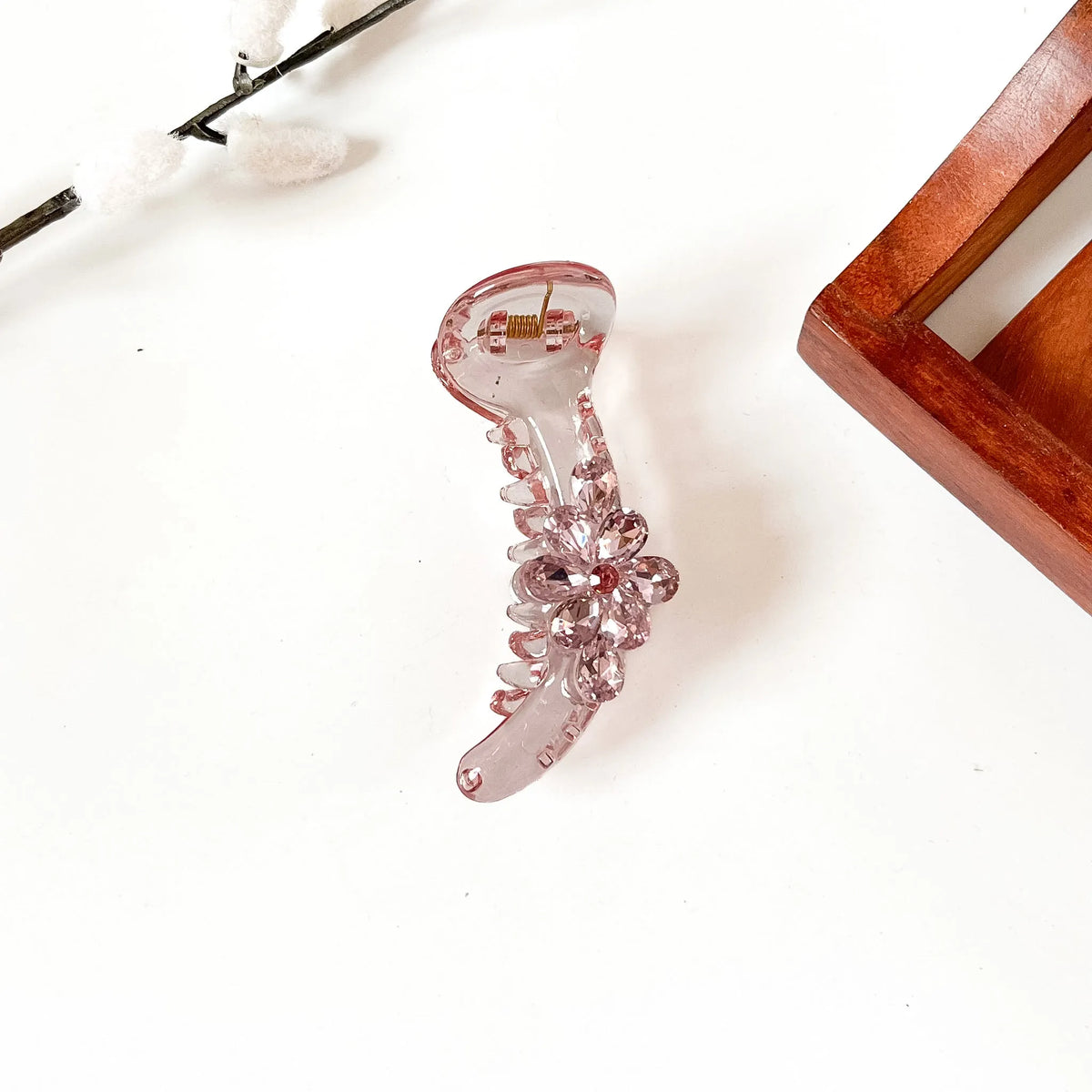 Blush pink transparent banana clip with pink rhinestone flower, 8 cm floral banana clip