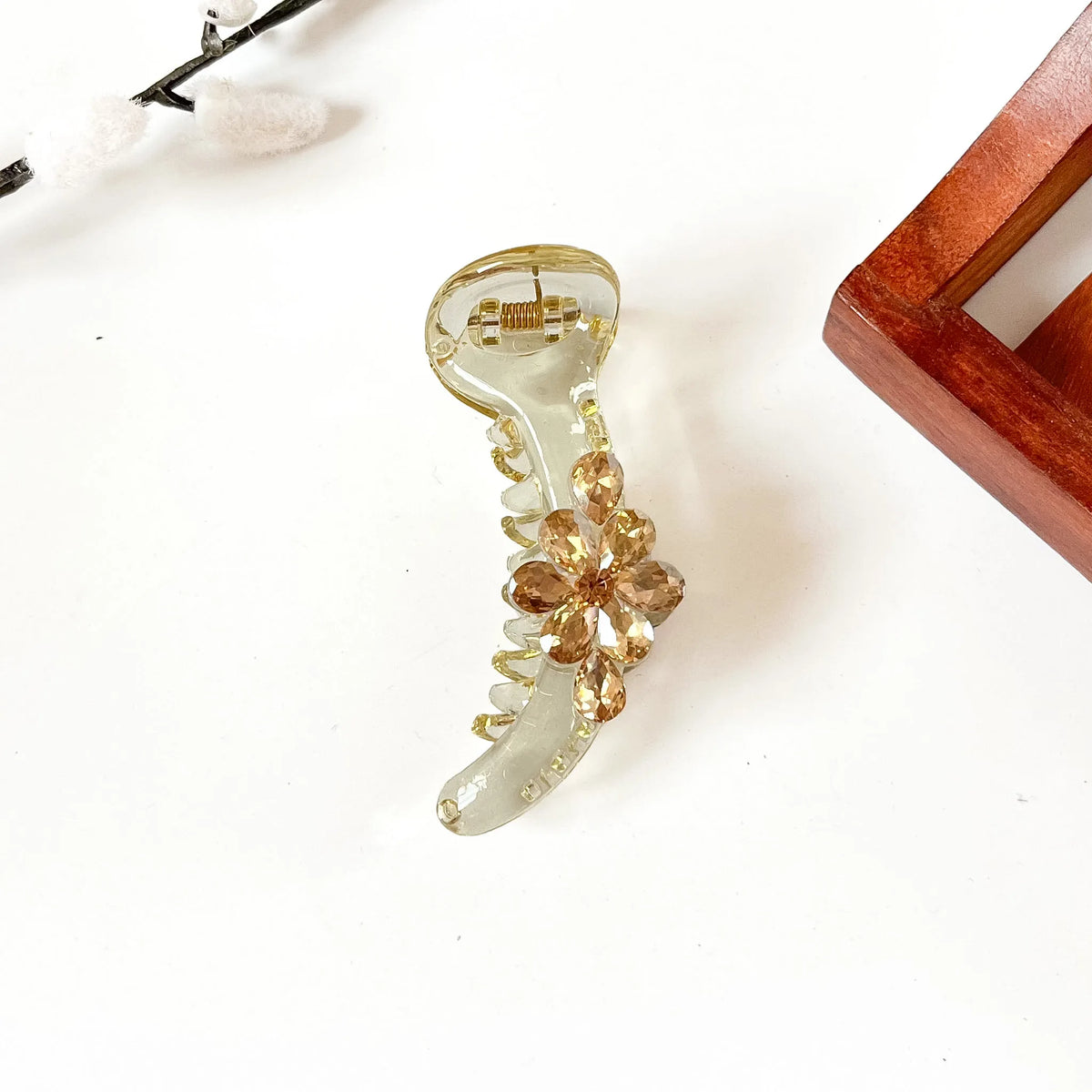 Honey yellow clear banana clip with champagne crystal flower, 8 cm fancy banana clip