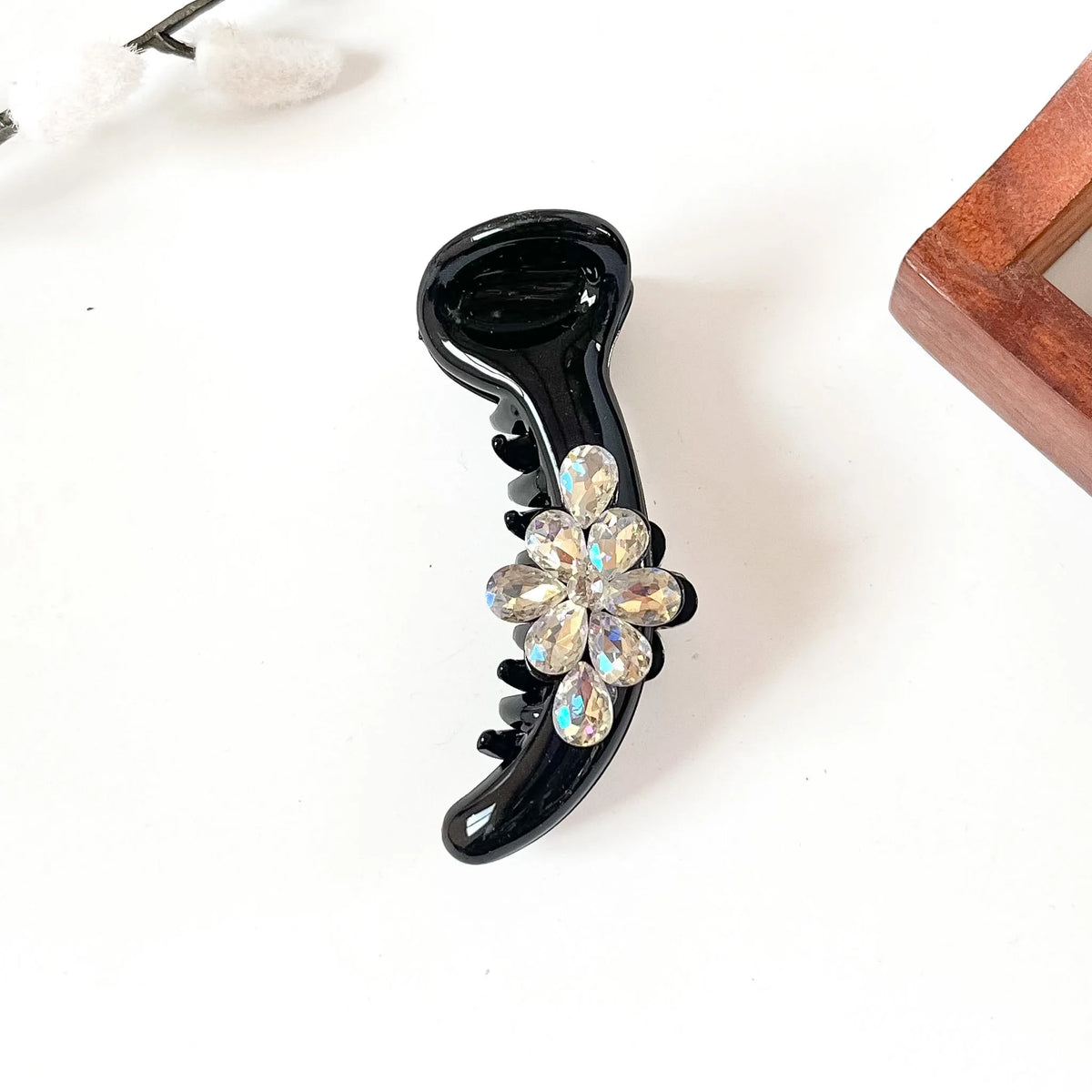 Noir black banana clip with iridescent crystal flower, 8 cm black banana clip for medium hair