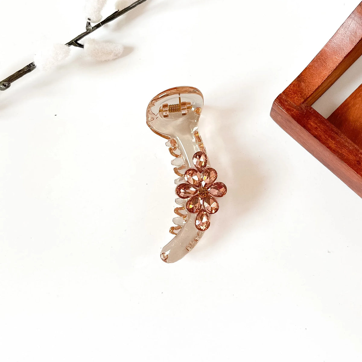 Peach orange clear banana clip with rose crystal flower, 8 cm flower banana hair clip