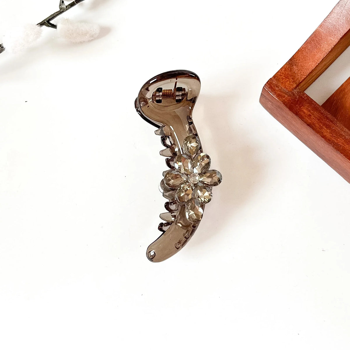 Smoke grey transparent banana clip with crystal flower, 8 cm stone banana clip for women