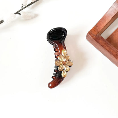 Tortoise brown banana clip with champagne rhinestone flower, 8 cm tortoise shell banana clip