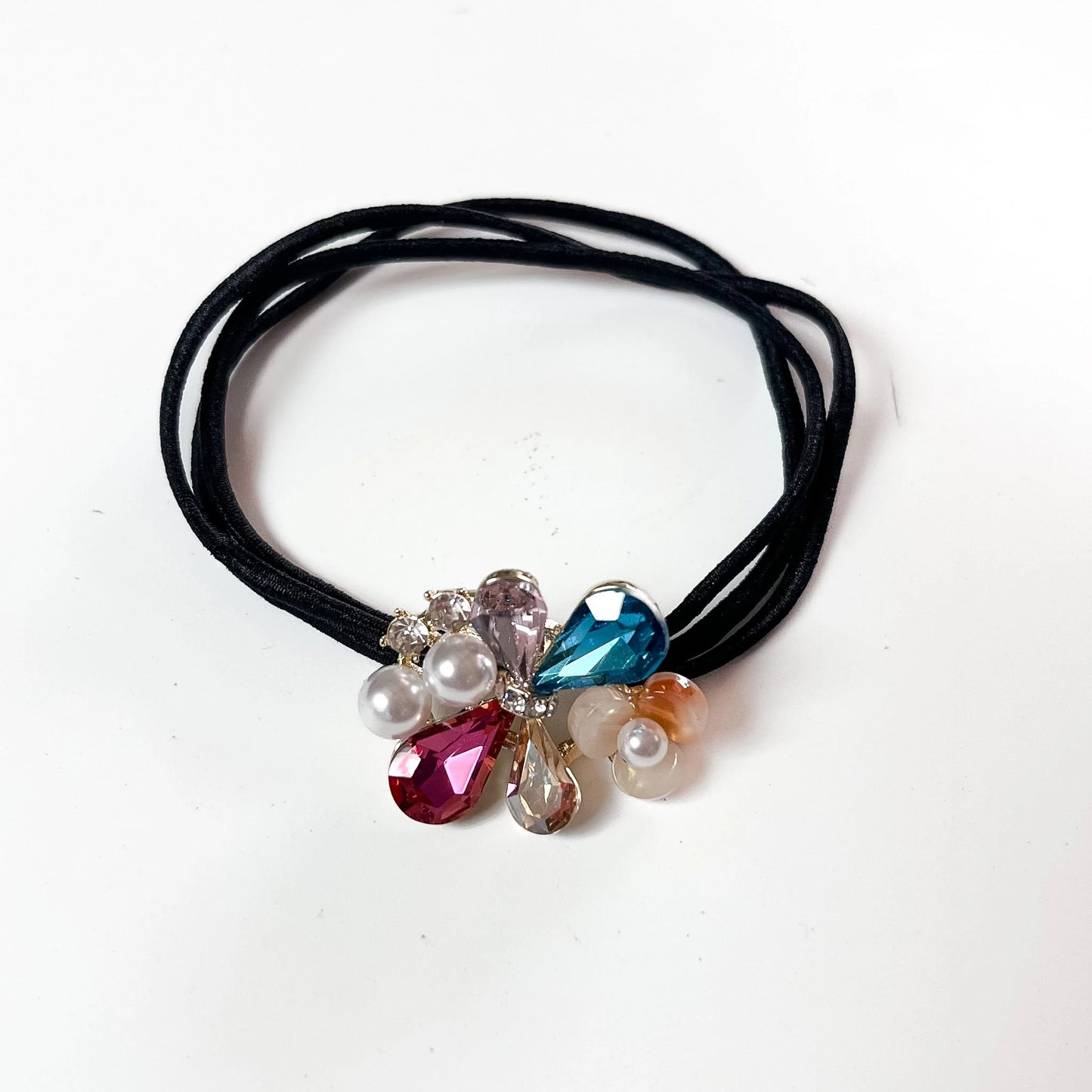 Multicolour crystal floral hair tie with mixed teardrop and pearl charm on black elastic band