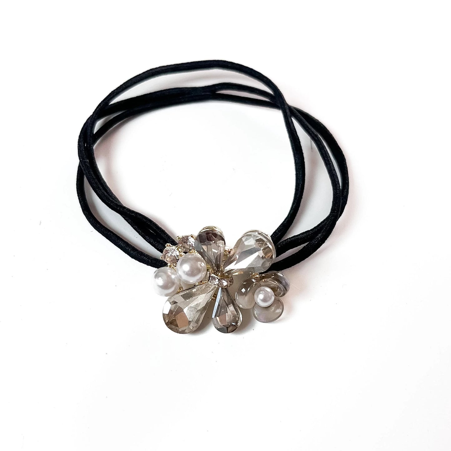 Smoky grey crystal floral hair tie with pearl and teardrop charm on black elastic band