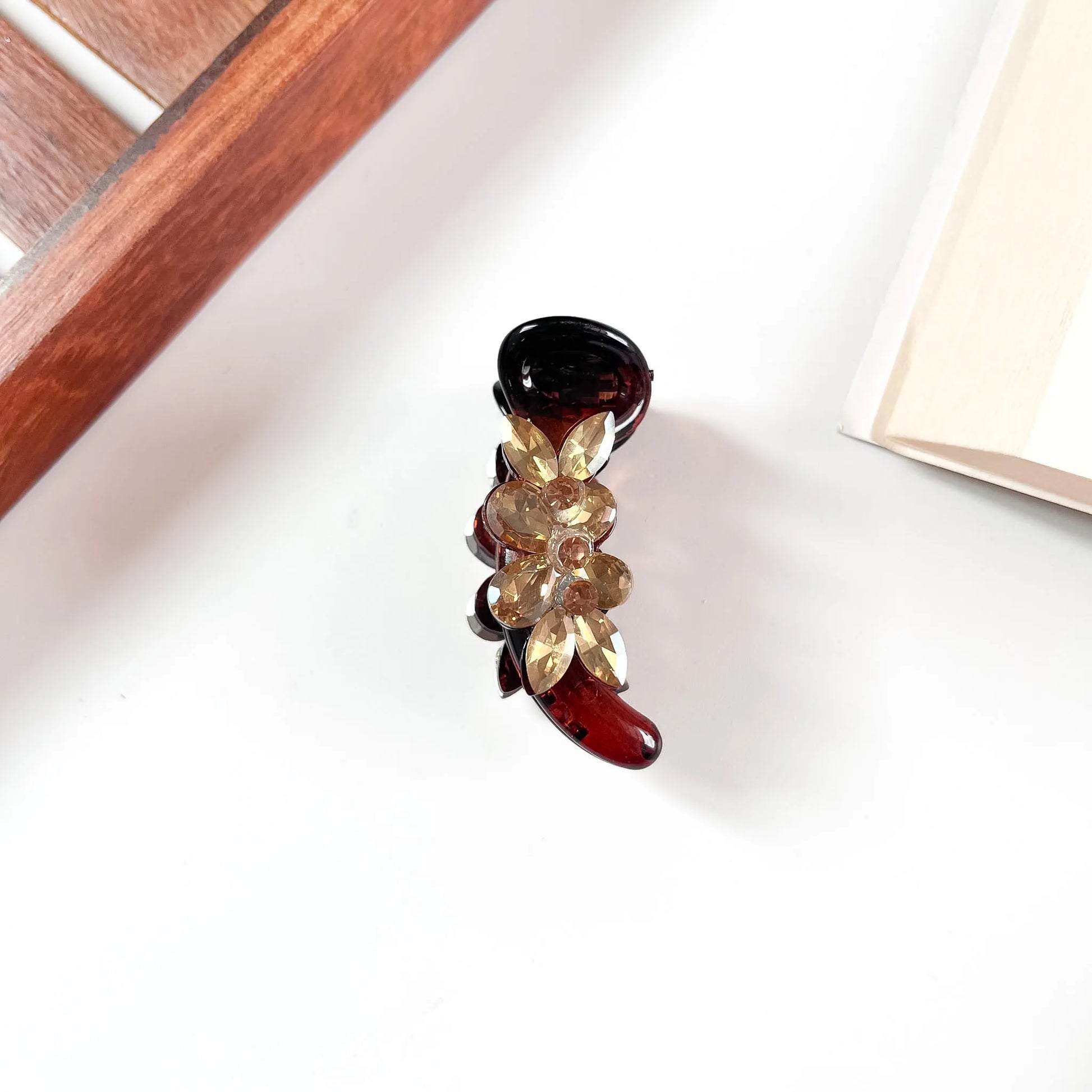 Tortoise crystal flower banana clip for women