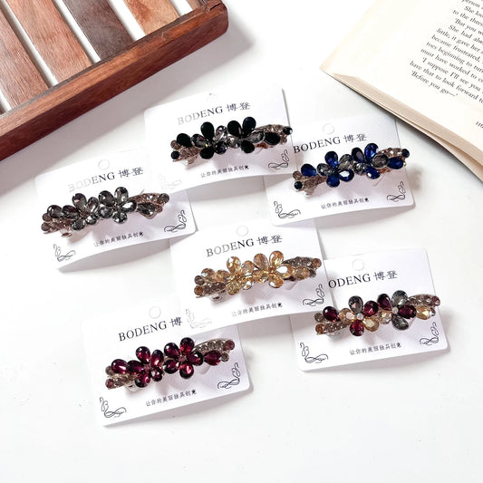 Crystal flower barrette in wine blue grey black champagne and multicolour on snap base