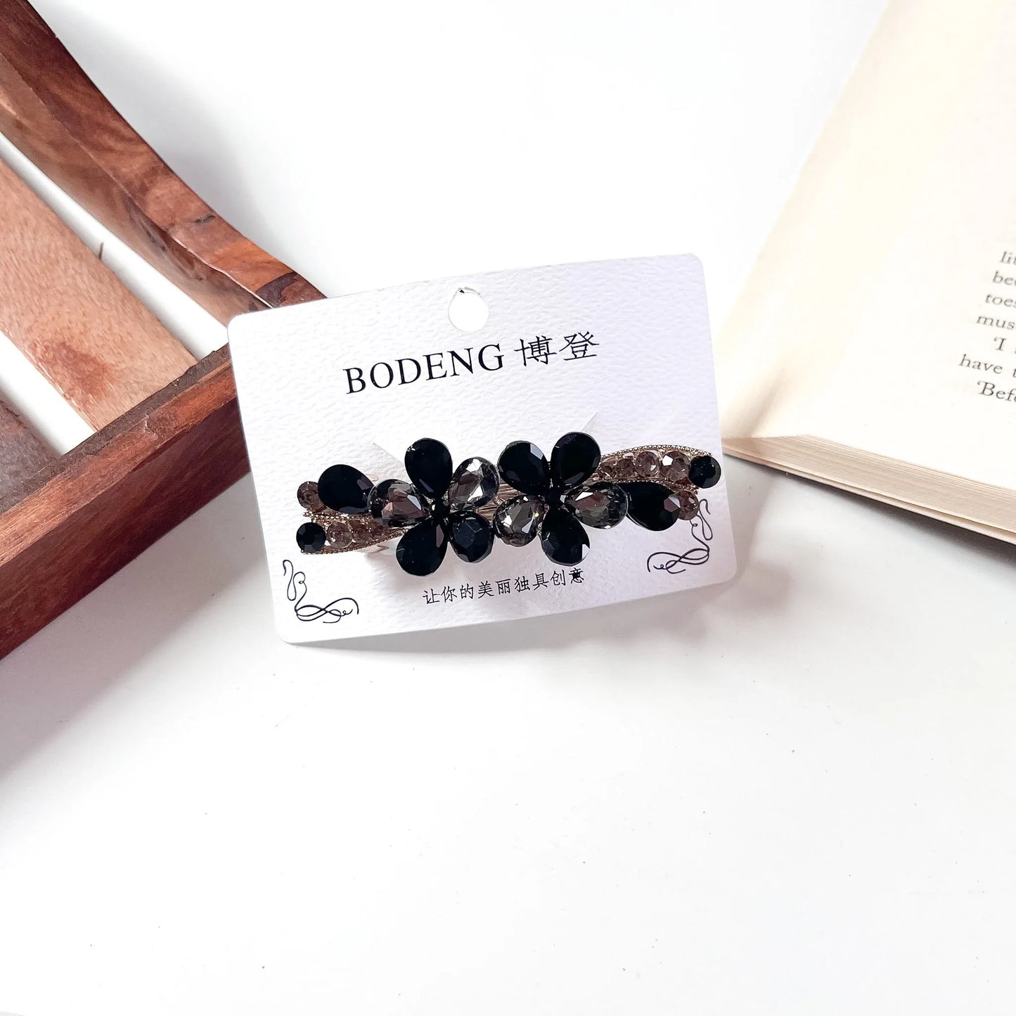 Black Grey crystal flower barrette fancy floral hair barrette