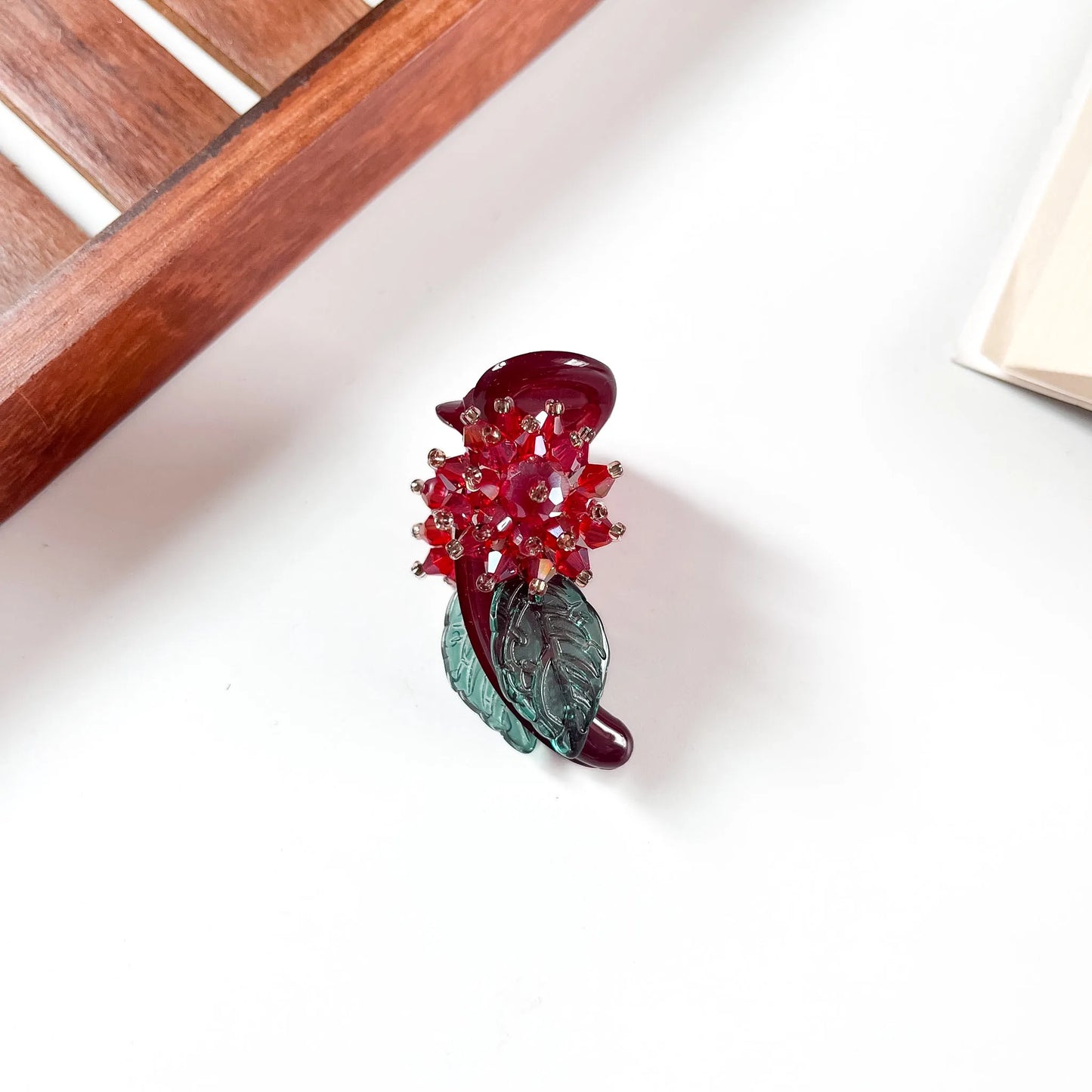 Ruby red crystal flower leaf banana clip for hair