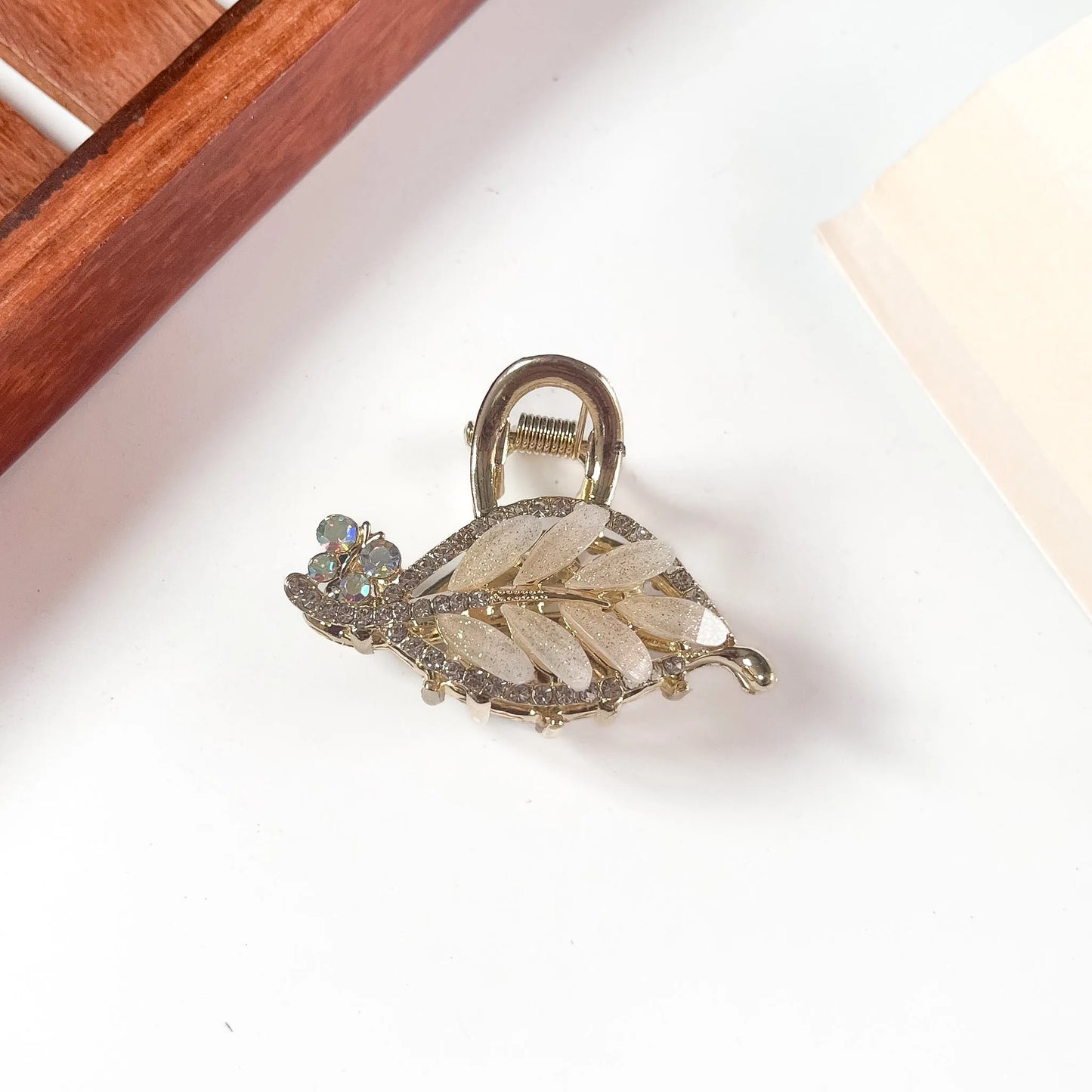 Ivory crystal leaf metal hair clip for women
