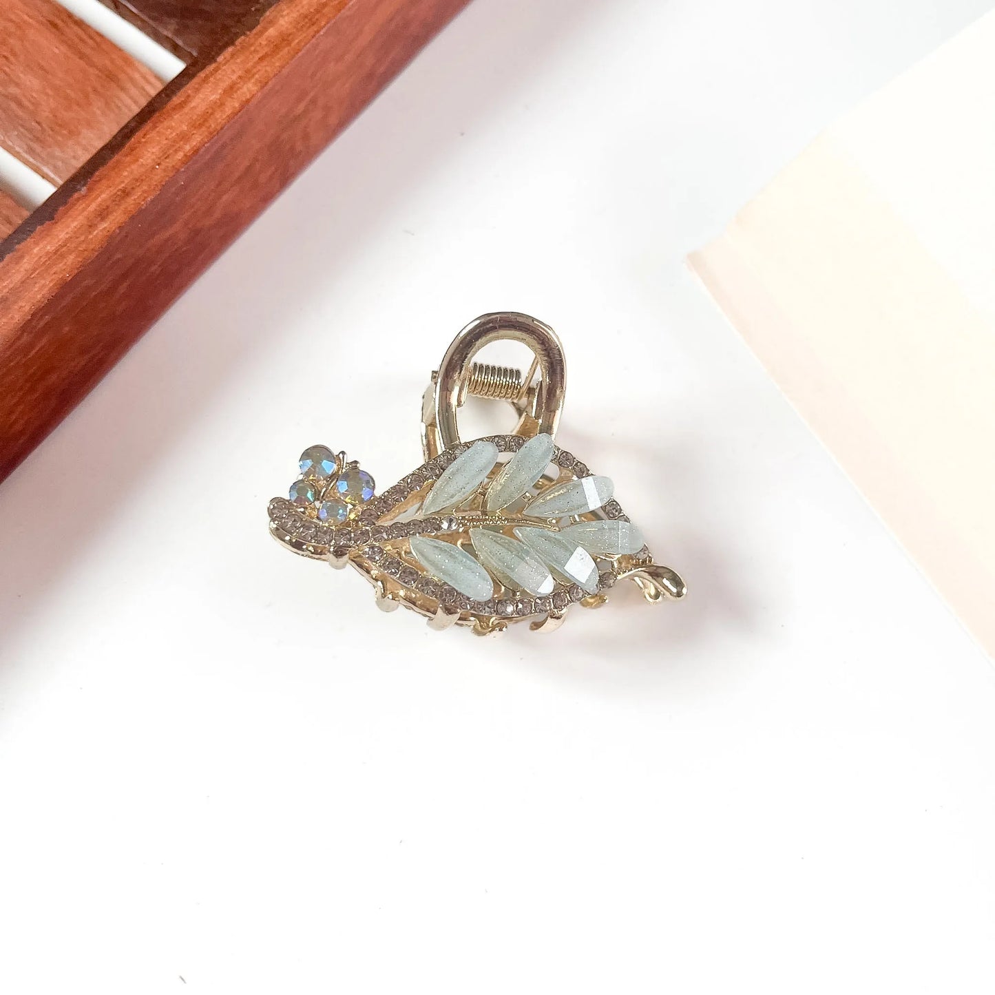 Mint crystal leaf metal hair clip for women