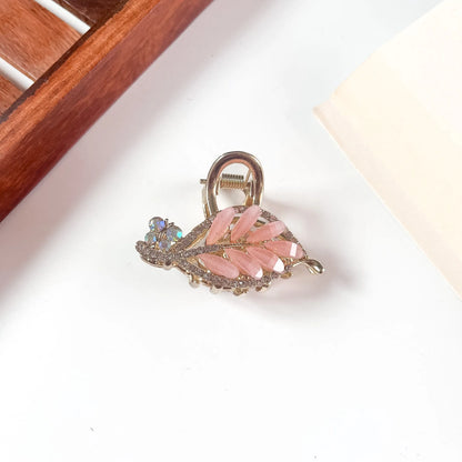 Pink crystal leaf metal hair clip for hair