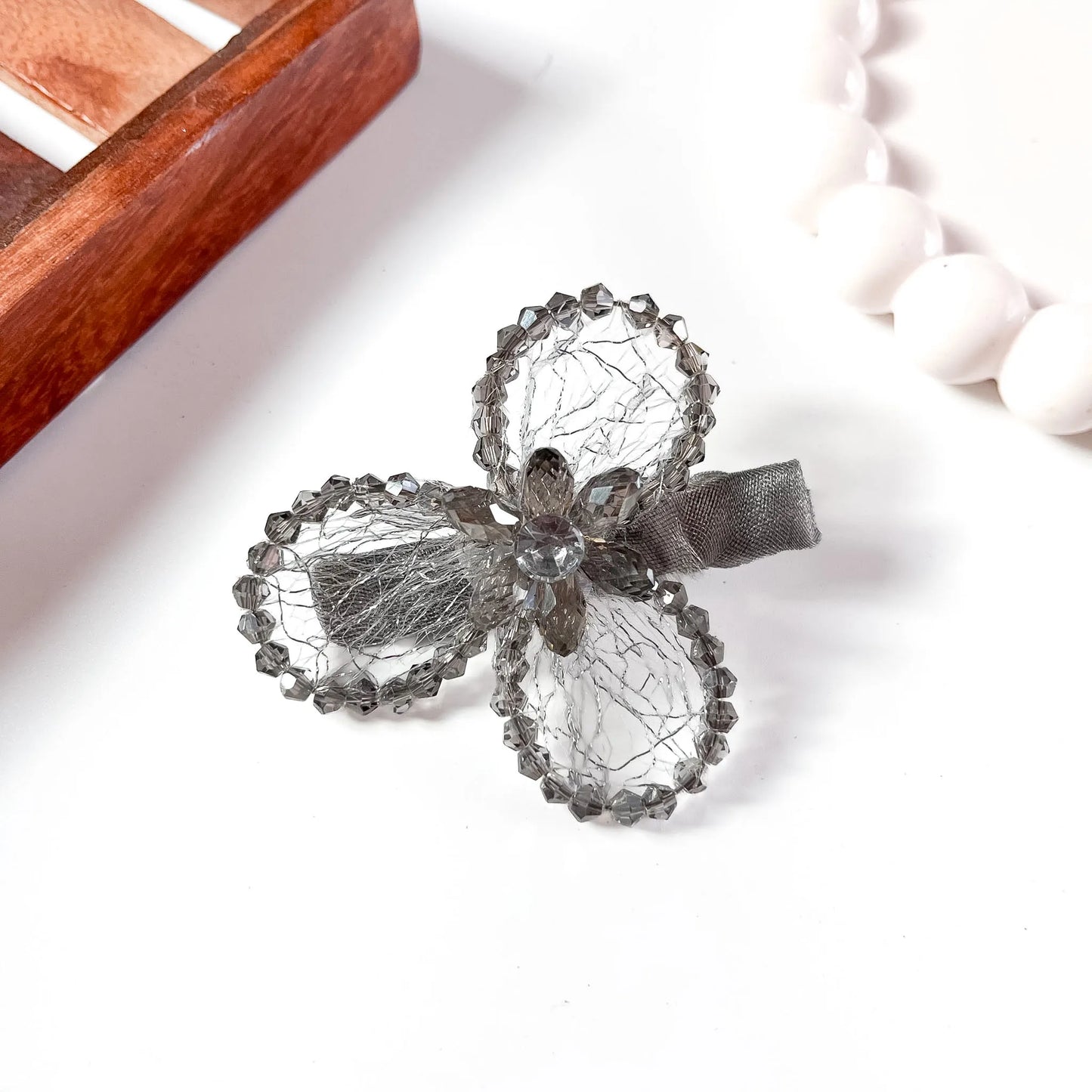 Clear/silver Grey mesh alligator clip with three crystal petal spheres and beads