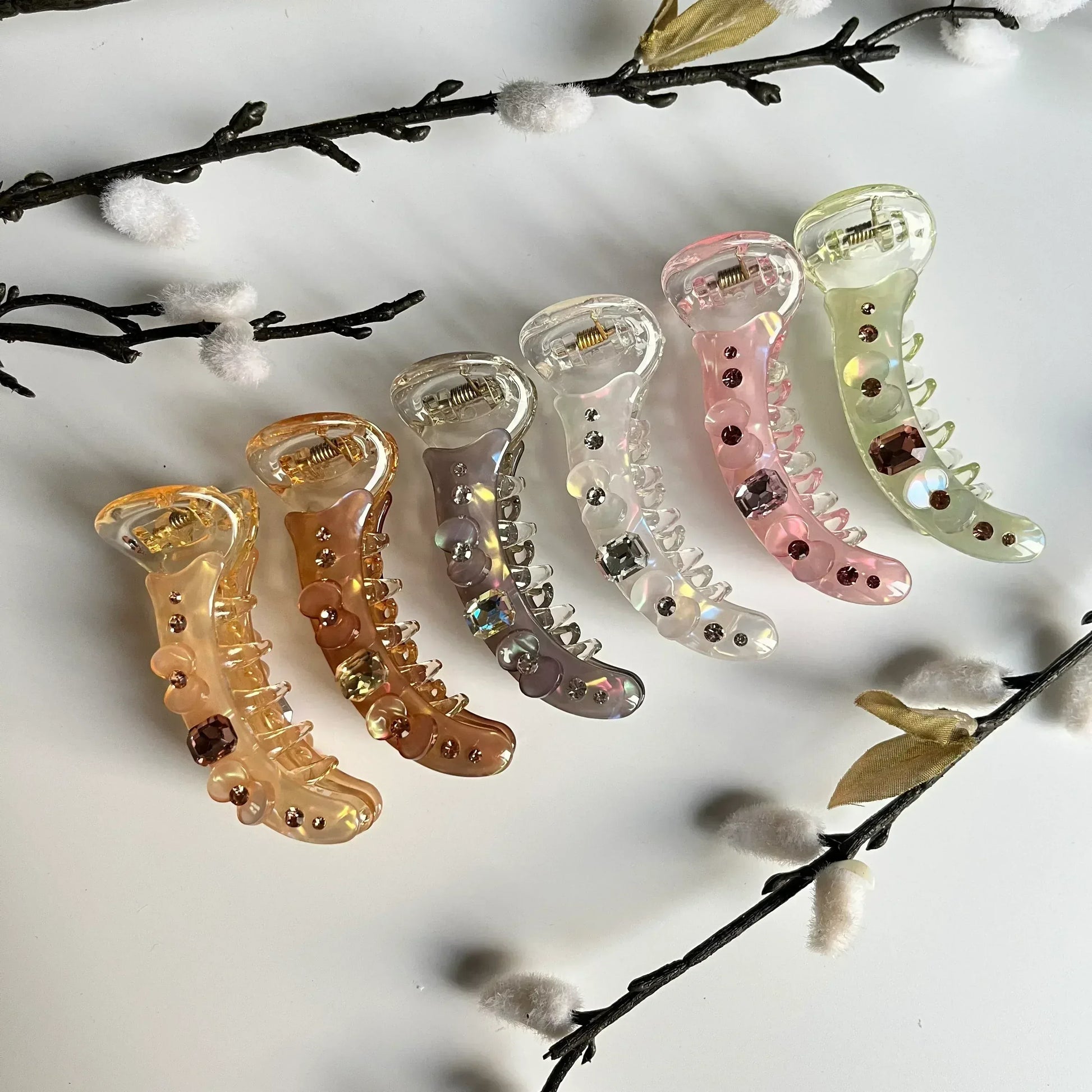 Crystal rhinestone banana clips in clear, pink, sage green, champagne, nude and iridescent white