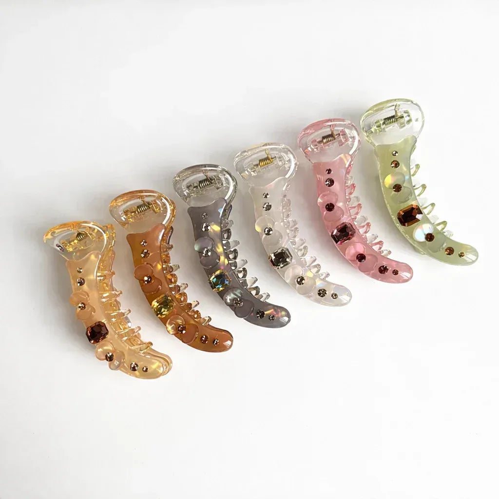 Crystal rhinestone banana clips in clear, pink, sage green, champagne, nude and iridescent white