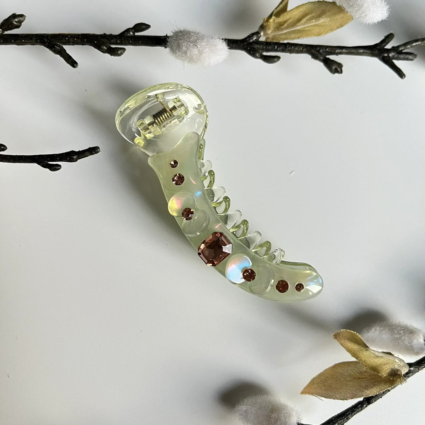 Sage green rhinestone banana clip fancy banana clutcher with centre stone
