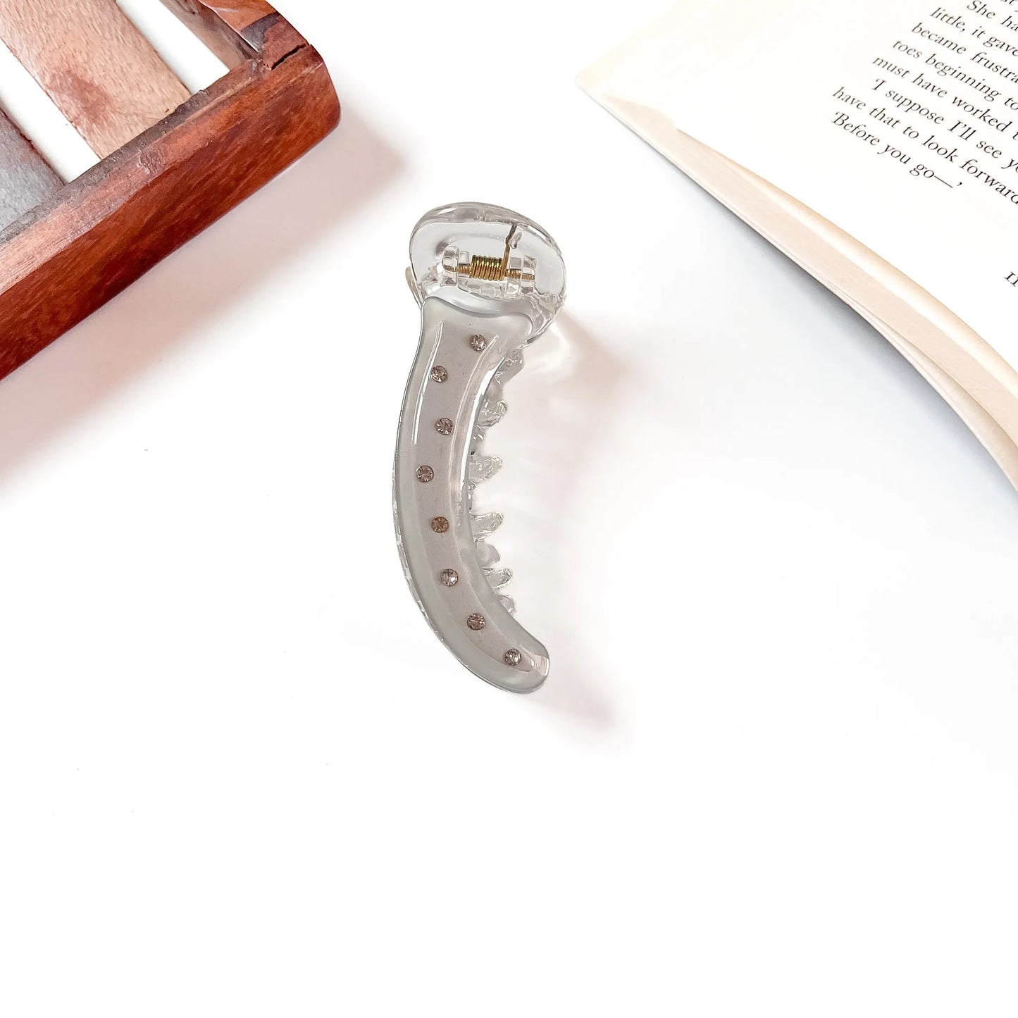 Grey Crystal Stud Banana Clip, 8cm banana clip with crystal studs