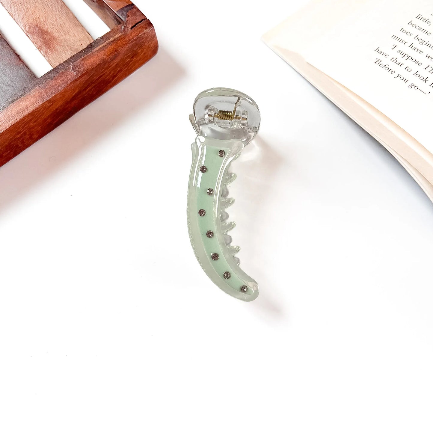 Sage green Crystal Stud Banana Clip, 8cm banana clip with crystal studs