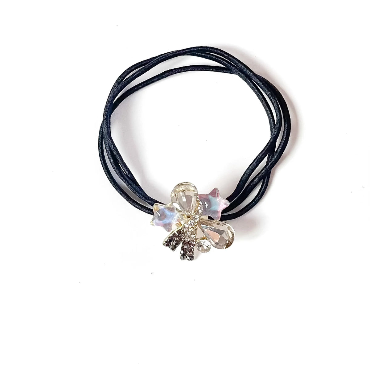 Crystal white fancy hair rubber band with clear teardrop stones and pearly star charms, dressy ponytail holder
